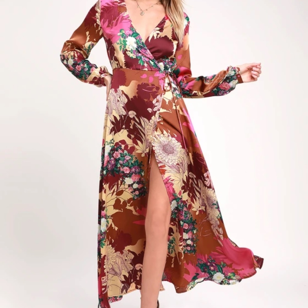 NWT Lulu's Put on a Smile Burgundy Floral Print Satin Wrap Maxi Dress